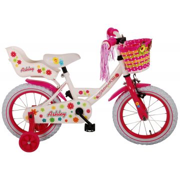 Bicicleta pentru fete Ashley, 14 inch, culoare alb/roz, frana de mana + contra