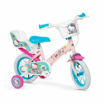 Bicicleta pentru copii Toimsa Hello Kitty 12 inch, varsta 3-5 ani, inaltime 85-100 cm, reglabila, cos frontal si scaun pentru papusi, roti ajutatoare
