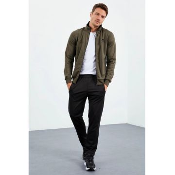 Set Activ  Hanorac cu Fermoar si Pantaloni Lungi - Verde Oliv - Poliester cu Elastan