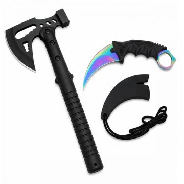 Set topor otel inoxidabil si Cutit-Karambit, Rainbow Star DEPOX , negru multicolor, 42 cm 18.5 cm, teaca inclusa