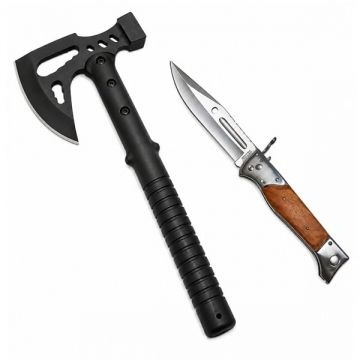 Set topor si briceag de vanatoare DEPOX , otel inoxidabil, negru, 42 cm 27 cm, teaca inclusa