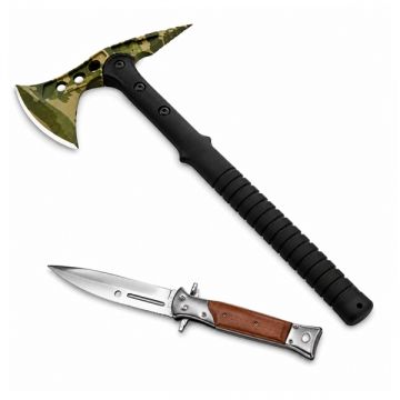 Set topor si briceag de vanatoare DEPOX , otel inoxidabil, verde, 40 cm 27 cm, teaca inclusa