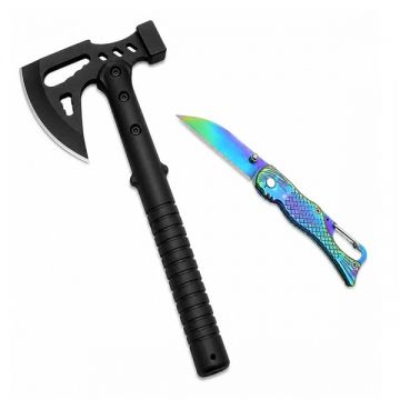 Set topor si briceag metalic DEPOX , otel inoxidabil, negru multicolor, 42 cm 15 cm, teaca inclusa