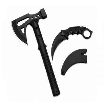 Set topor si cutit karambit de vanatoare DEPOX , otel inoxidabil, negru, 42 cm 18.5 cm, teaca inclusa