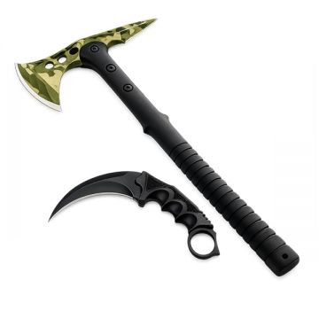 Set topor si cutit karambit DEPOX , otel inoxidabil, verde.negru, 40 cm 18.5 cm, teaca inclusa