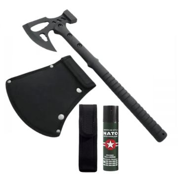 Set topor si spray paralizant autoaparare DEPOX , otel inoxidabil, negru, 42 cm 120 ml, teaca inclusa