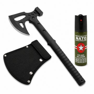 Set topor si spray paralizant propulsie jet DEPOX , otel inoxidabil, negru, 42 cm 60 ml, teaca inclusa
