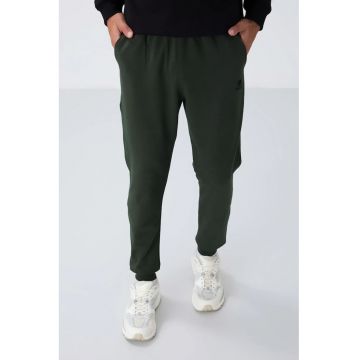 Pantaloni sport -  fleece - buzunar - verde padure - bumbac -