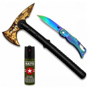 Set topor Survivor, cutit de buzunar sirena si spray paralizant DEPOX ,39 cm 15 cm 60 ml, husa inclusa