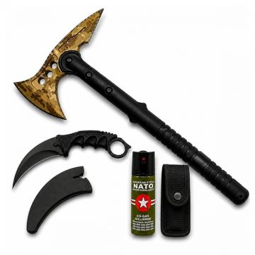 Set topor Survivor, spray paralizant si cutit karambit DEPOX , 39 cm 60 ml 18.5 cm, husa inclusa
