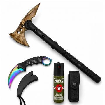 Set topor Survivor, spray paralizant si cutit karambit DEPOX , Desert Camo, 39 cm 60 ml 25 cm, husa inclusa