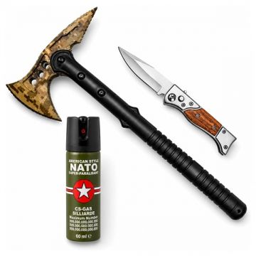 Set topor SurvivormBriceag Automat din Oțel 440C si Spray Autoapărare NATO 39 cm 110 ml 16 cm, husa inclusa