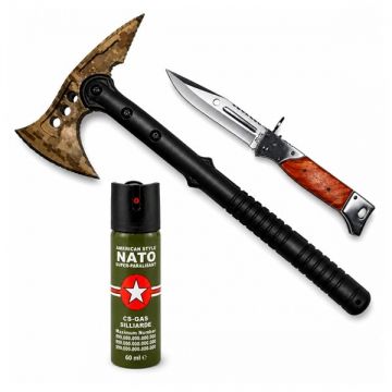 Set topor SurvivormBriceag Automat din Oțel 440C si Spray Autoapărare NATO 39 cm 110 ml 22 cm, husa inclusa