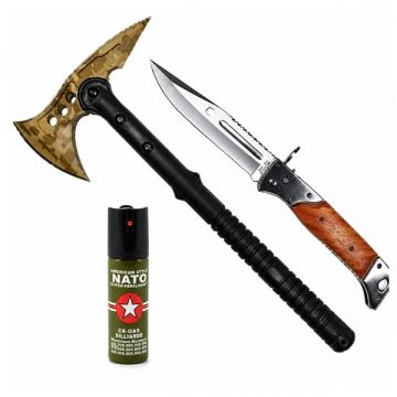 Set topor SurvivormBriceag Automat din Oțel 440C si Spray Autoapărare NATO 39 cm 110 ml 27 cm, husa inclusa