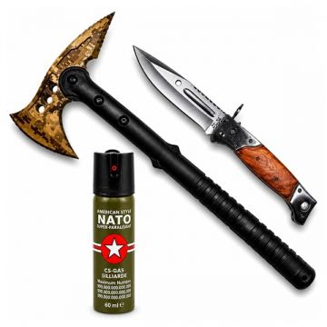 Set topor SurvivormBriceag Automat din Oțel 440C si Spray Autoapărare NATO 39 cm 110 ml 37 cm, husa inclusa
