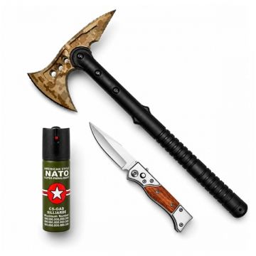 Set topor SurvivormBriceag Automat din Oțel 440C si Spray Autoapărare NATO 39 cm 60 ml 16 cm, husa inclusa