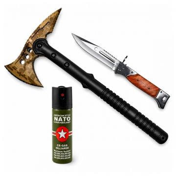 Set topor SurvivormBriceag Automat din Oțel 440C si Spray Autoapărare NATO 39 cm 60 ml 22 cm, husa inclusa
