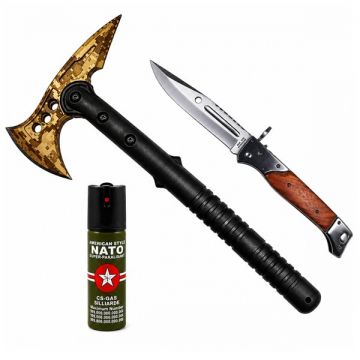 Set topor SurvivormBriceag Automat din Oțel 440C si Spray Autoapărare NATO 39 cm 60 ml 27 cm, husa inclusa