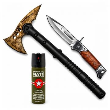 Set topor SurvivormBriceag Automat din Oțel 440C si Spray Autoapărare NATO 39 cm 60 ml 37 cm, husa inclusa