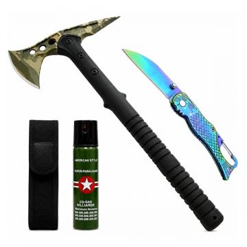 Set secure supravietuire, briceag tip sirena si spray autoaparare DEPOX , otel inoxidabil, verde, 40 cm 15 cm 110 ml, teaca inclusa