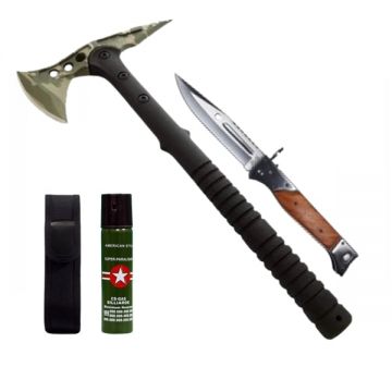 Set secure supravietuire, briceag vanatoare si spray autoaparare DEPOX , otel inoxidabil, verde, 40 cm 22 cm 110 ml, teaca inclusa