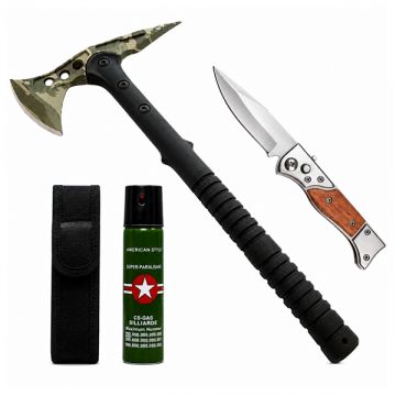 Set secure supravietuire, cutit automat si spray autoaparare DEPOX , otel inoxidabil, verde, 40 cm 16.5 cm 60 ml, teaca inclusa