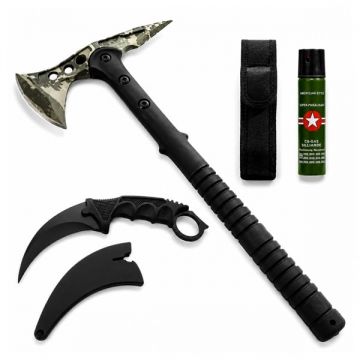 Set topor, cutit karambit si spray autoaparare DEPOX , otel inoxidabil, verde negru, 40 cm 19 cm 60 ml, teaca inclusa