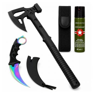 Set topor multifuncțional, cuțit Karambit și spray autoaparare DEPOX , 42 cm 110 ml 19 cm, husa inclusa