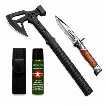 Set topor multifunctional, briceag de vanatoare si spray autoaparare DEPOX , otel inoxidabil, negru, 42 cm  22 cm 110 ml, teaca inclusa