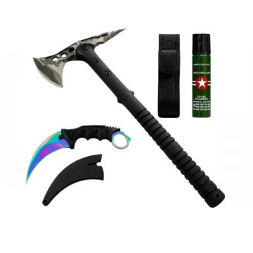 Set topor tactical, cutit karambit si spray autoaparare DEPOX , otel inoxidabil, 40 cm 19 cm 110 ml, teaca inclusa