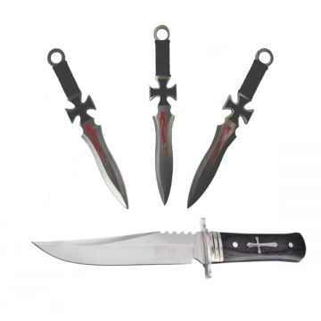 Cutit de vanatoare Tang Hunter si 3 Cutite de aruncat, DEPOX  , 28 cm ,Otel inoxidabil