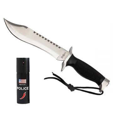 Set cuțit tactic cu lamă fixă pentru activități outdoor și supraviețuire si spray autoaparare chili DEPOX , otel inoxidabil, 30 cm 60 ml