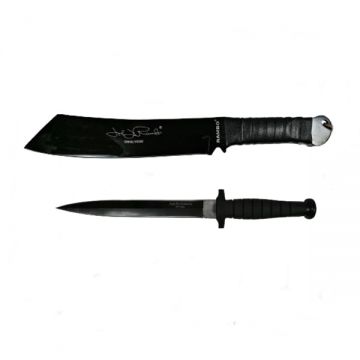 Set Cutit de vanatoare cu doua taisuri si Maceta Rambo, DEPOX , Otel inoxidabil, Negru