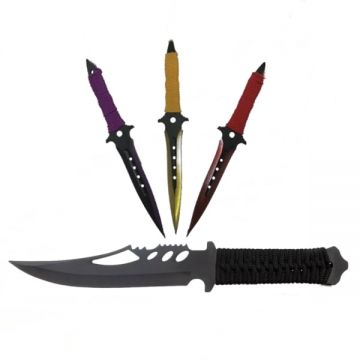 Set Cutit de vanatoare Extreme Battle si trei cutite de aruncat, Ninja Assasin, DEPOX , otel inoxidabil, teaca inclusa