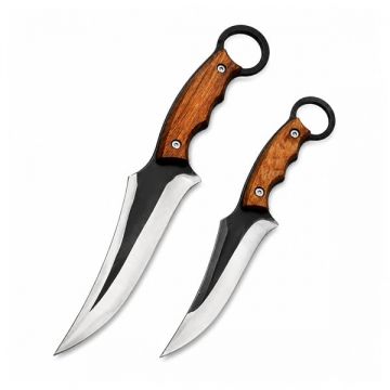 Set doua cutite supravietuire DEPOX , lama din otel inoxidabil, maner din lemn, teaca piele naturala, 27 cm 20 cm