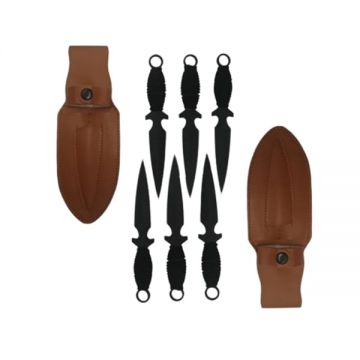Set sase cutite de aruncat, Black Fury, DEPOX , 16.5 cm, otel inoxidabil, teaca piele inclusa