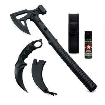 Set topor multifuncțional, cuțit karambit Night și spray autoapărare DEPOX , otel inoxidabil, negru, 42 cm 19 cm 60 ml, teaca inclusa