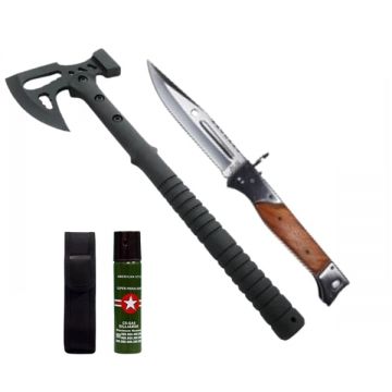 Set topor multifunctional, briceag de vanatoare si spray autoaparare DEPOX , otel inoxidabil, negru, 42 cm  34 cm 110 ml, teaca inclusa