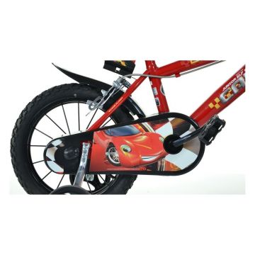 Bicicleta copii Dino Bikes Cars 3, 14 inch, varsta 4-7 ani, inaltimea 95-115 cm, cu frana de mana pe ambele roti, suport cu sticla de apa, roti ajutatoare, aparatoare lant