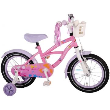 Bicicleta fete 14 inch Volare Bike Spring Time cu roti ajutatoare pompoane la ghidon si cosulet