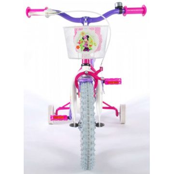 Bicicleta pentru fete 14 inch cu scaun pentru papusi roti ajutatoare si cosulet Minnie Mouse