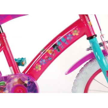 Bicicleta pentru fete 14 inch cu scaun pentru papusi roti ajutatoare si cosulet Trolls