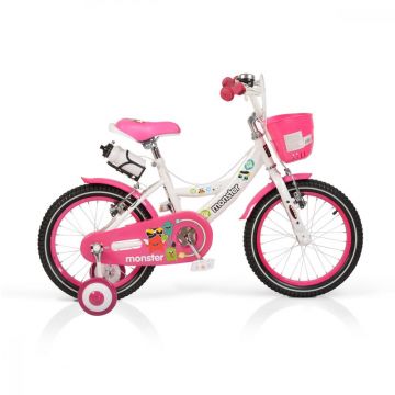 Bicicleta pentru fetite cu roti ajutatoare si cosulet 16 inch Little Monster Pink