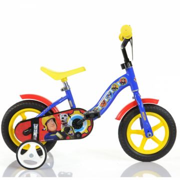 Bicicleta copii Dino Bikes Pompierul Sam 10 inch, varsta 2-4 ani, inaltimea 75-90 cm, scaun reglabil, roti ajutatoare detasabile