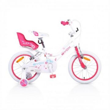 Bicicleta pentru fetite Byox cu roti ajutatoare si portbagaj papusi Princess White 16 inch