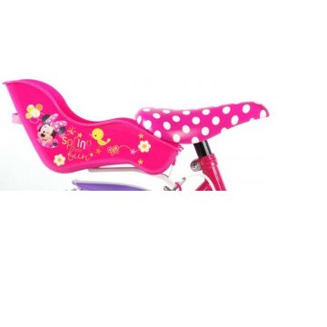 Bicicleta Volare pentru fete 14 inch cu scaun pentru papusi roti ajutatoare cosulet si doua frane de mana Minnie Mouse
