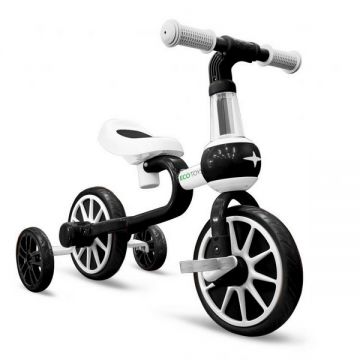 Bicicleta copii cu roti ajutatoare Ecotoys LC-V1311 alb cu negru, de la 2 ani pana la 20 kg, inaltime ajustabila sa 33-36cm, poate fi folosita in 4 configuratii