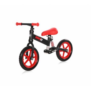 Bicicleta copii fara pedale Wind Black  Red, roti din spuma EVA, amortizor reglabil care ajuta la absorbtia socurilor, scaun reglabil de la 47 cm pana la 50 cm, 12 inch, varsta 2-5 ani, maxim 25 de kg