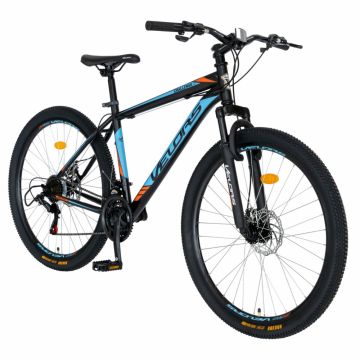 Bicicleta MTB-HT Velors Challange V2710A 27.5 inch manete schimbator secventiale 21 viteze cadru negru cu design albastruportocaliu