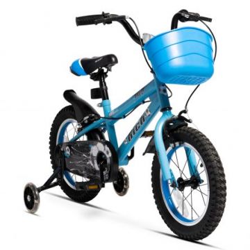 Bicicleta copii Rich Baby R1407A 14 inch C-Brake roti ajutatoare cu led cadru albastru cu design alb